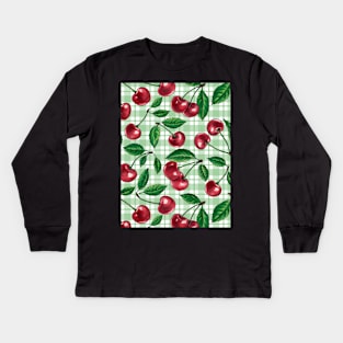 Red cherries on light green gingham Kids Long Sleeve T-Shirt